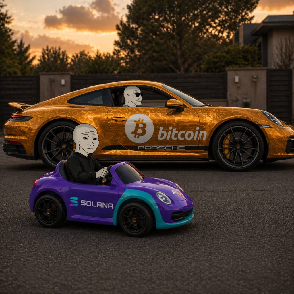 Meme: gold Bitcoin Porsche with Chad vs purple Solana toy car with Wojak