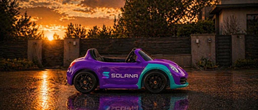Purple and teal Solana-branded toy Porsche at golden hour